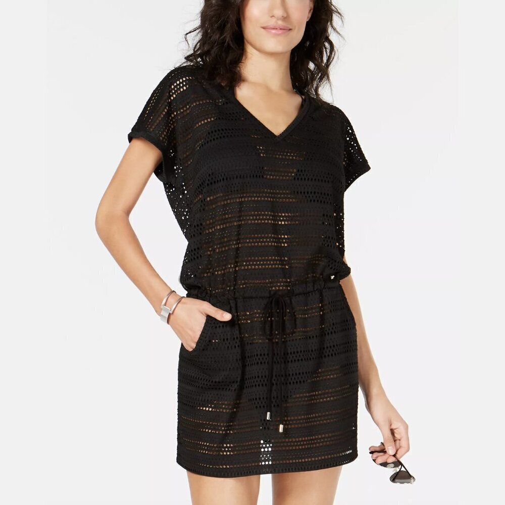 Calvin Klein Striped Crochet Drawstring Cover-Up in Black, size L/XL